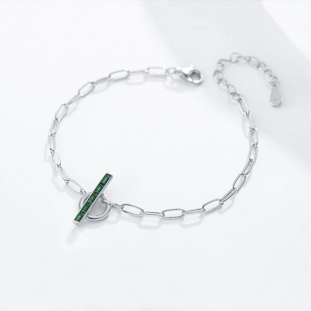 925 Sterling Silver Ot Buckle Geometric Ring Shape Emerald Zircon Bracelet Silver Chain