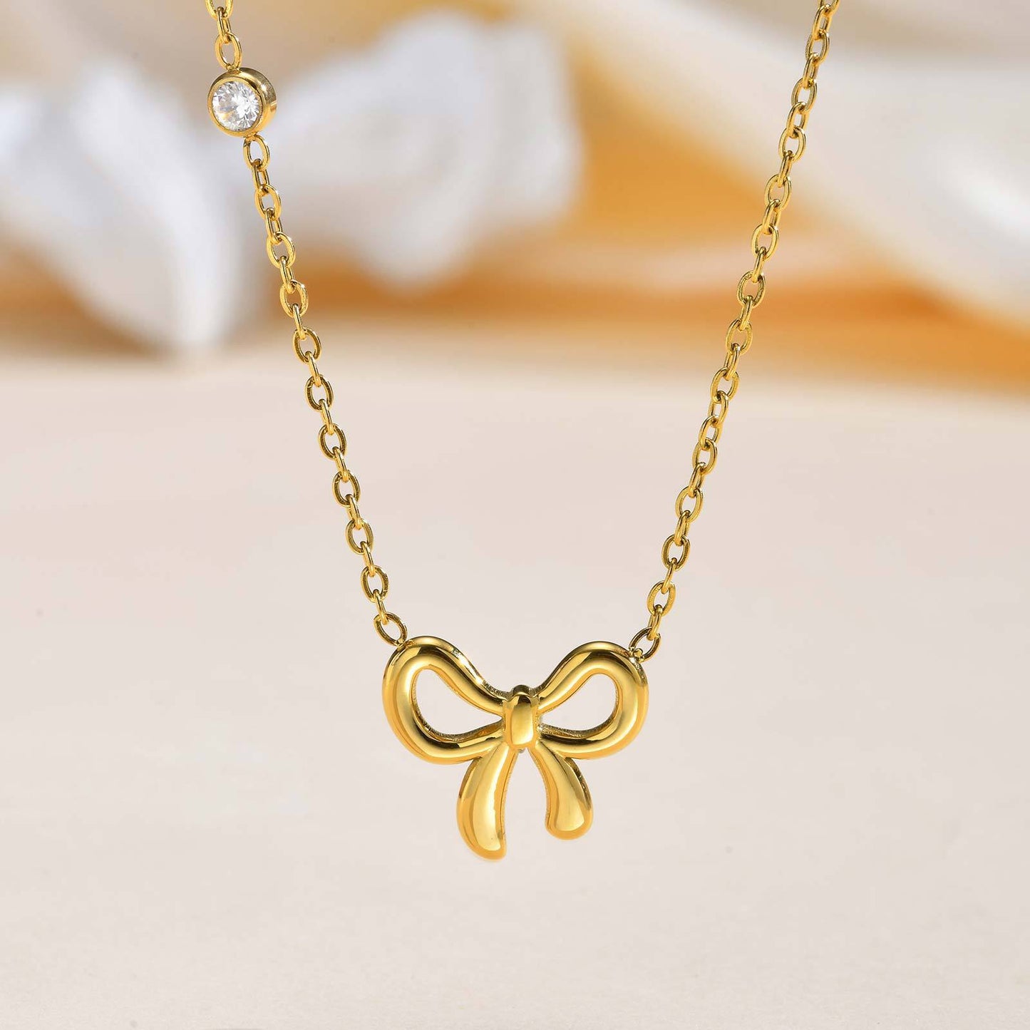 Stainless Steel Flat Cross Chain Zircon Bow Necklace Gold