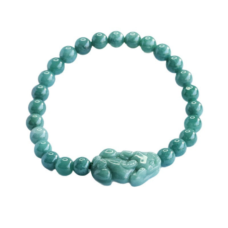 Blue Water Jadeite Pixiu & Round Bead 6 mm Bracelet