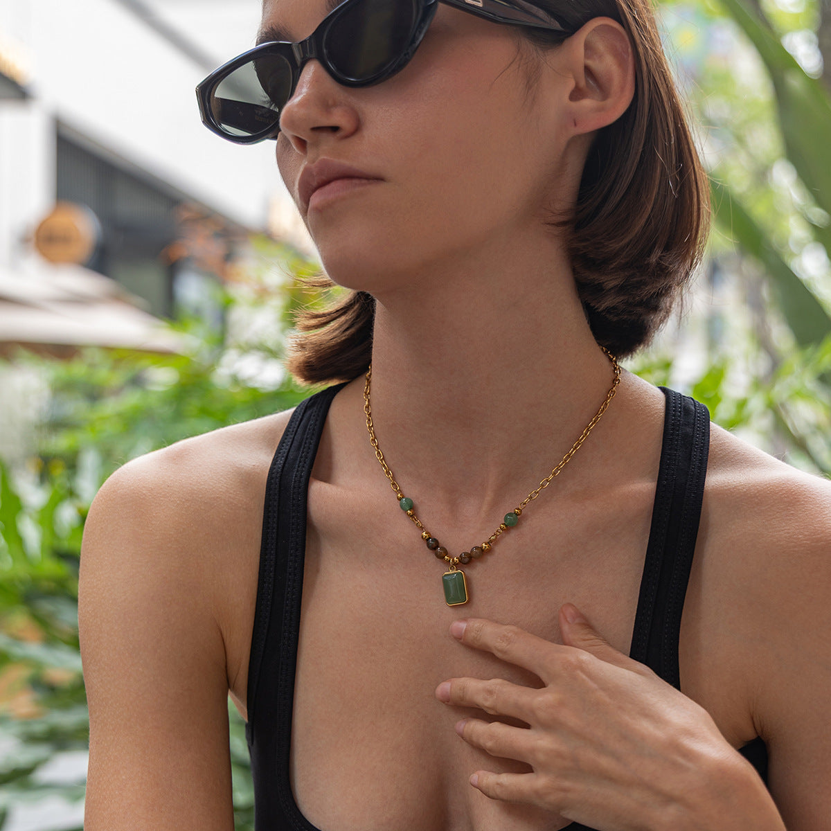 Vacation Gravel Pendant Beaded Collarbone Chain Retro Colored Gemstone Stainless Steel Neck Necklace