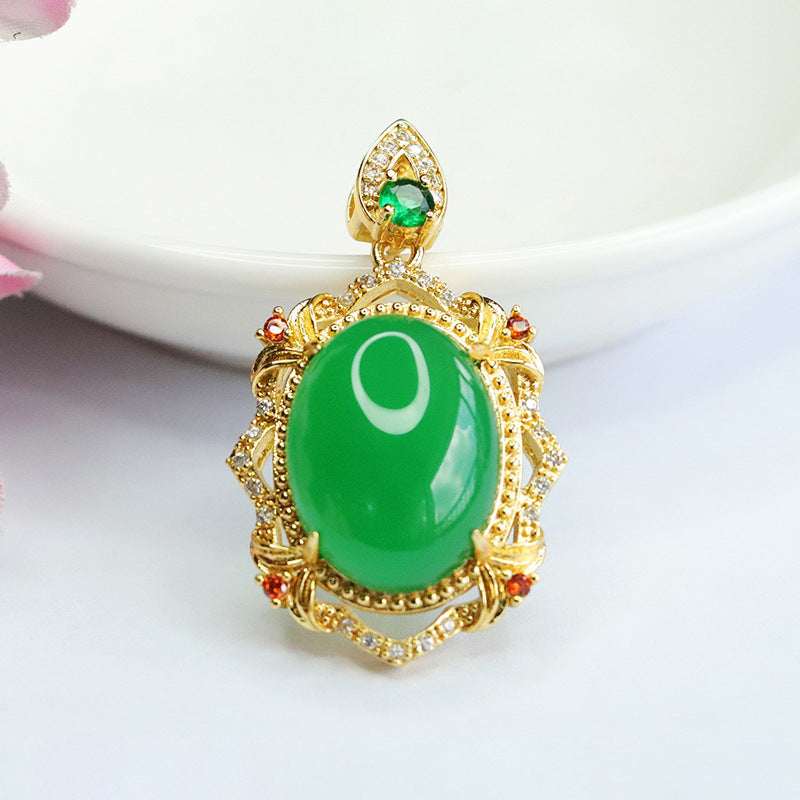 Green Chalcedony Pendant Necklace with Vintage Zircon Accent - Women's