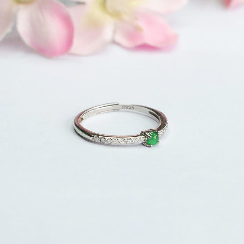 Emperor Green Jade and Zircon Sterling Silver Ring