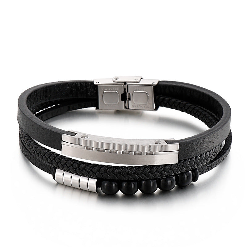 Planderful Mens Personalized Woven Leather Beaded Bracelet