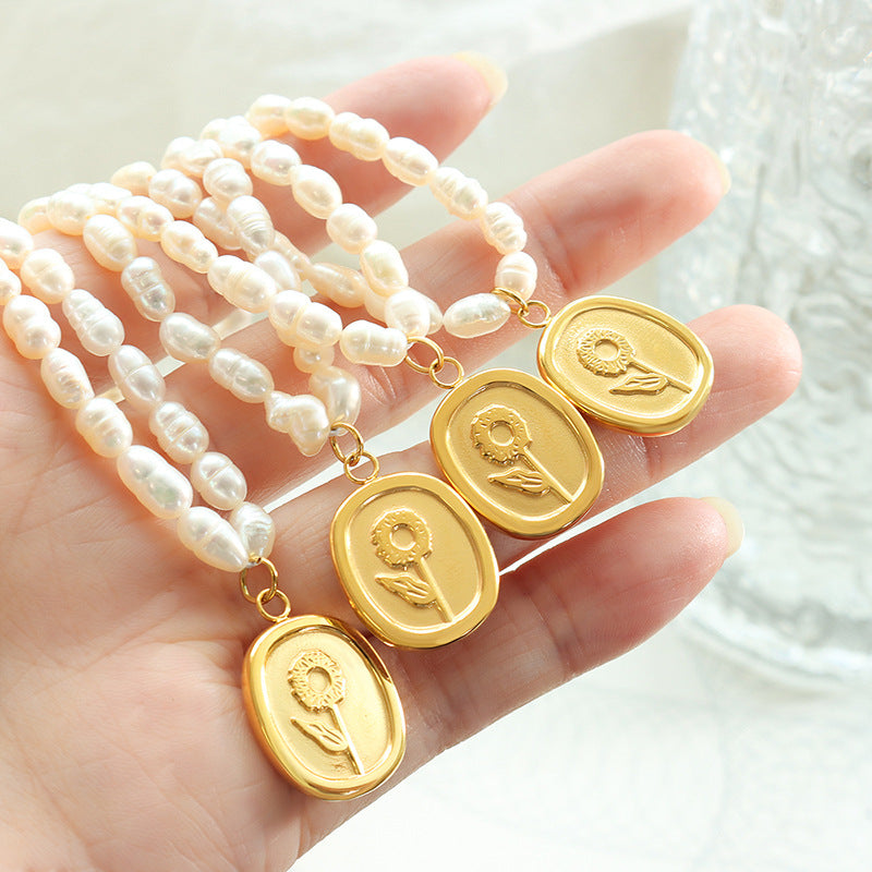 French Sunflower Carved Pearl Necklace with Vintage Charm