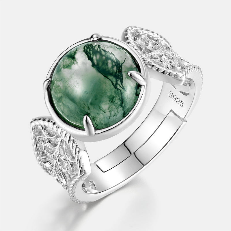 Planderful Jewelry Natural Aquatic Agate Ring In Sterling Silver Open Band Green Moss Stone