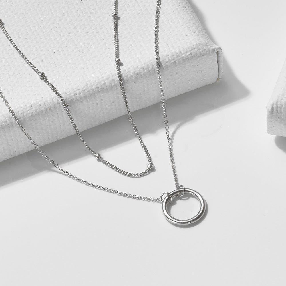 S925 Sterling Silver Ring Double-Layer Necklace Style Geometric Circle Stacked