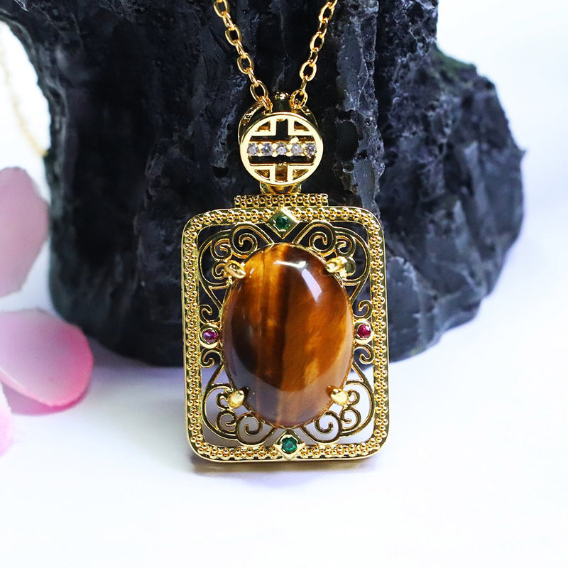 Yellow Tiger Eye Openwork Square Pendant — No Chain