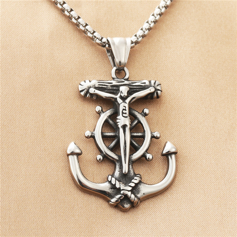Personalized Punk Titanium Steel Ship Anchor Pendant Necklace for Men - Retro Trendy Rudder Design