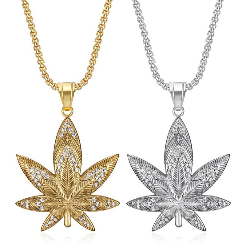 Planderful Everyday Genie Hip Hop Necklace Stainless Steel Premium Gold Plated Zircon Maple Leaf Pendant For Urban Fans
