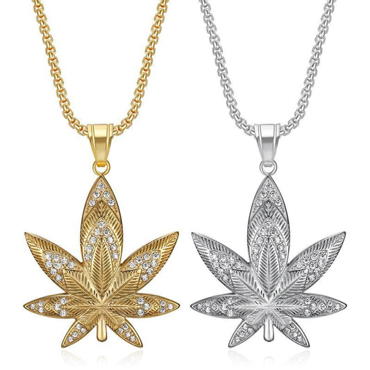 Planderful Everyday Genie Hip Hop Necklace Stainless Steel Premium Gold Plated Zircon Maple Leaf Pendant For Urban Fans
