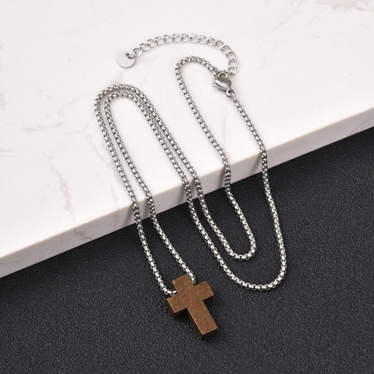 Stainless Steel Unisex Necklace Square Pearl Chain Wood Cross Necklace