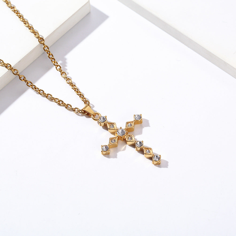 Cross-Border Amazon Light Luxury Zircon Titanium Steel Cross Necklace