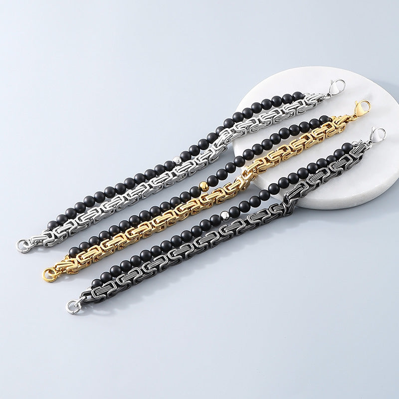 Planderful Mens Black Agate Double Layer Emperor Bracelet