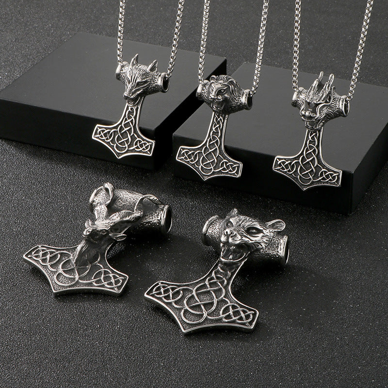 Retro Animal Pendant, Nordic Viking Wolf Head, Lion Head, Goat, Thor'S Hammer, Titanium Necklace