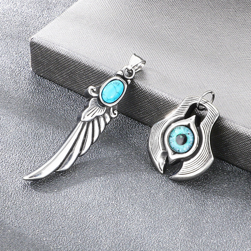 Axe Devil'S Eye Pendant, Ethnic Retro Turquoise Feather Pendant, Stainless Steel Men's Necklace