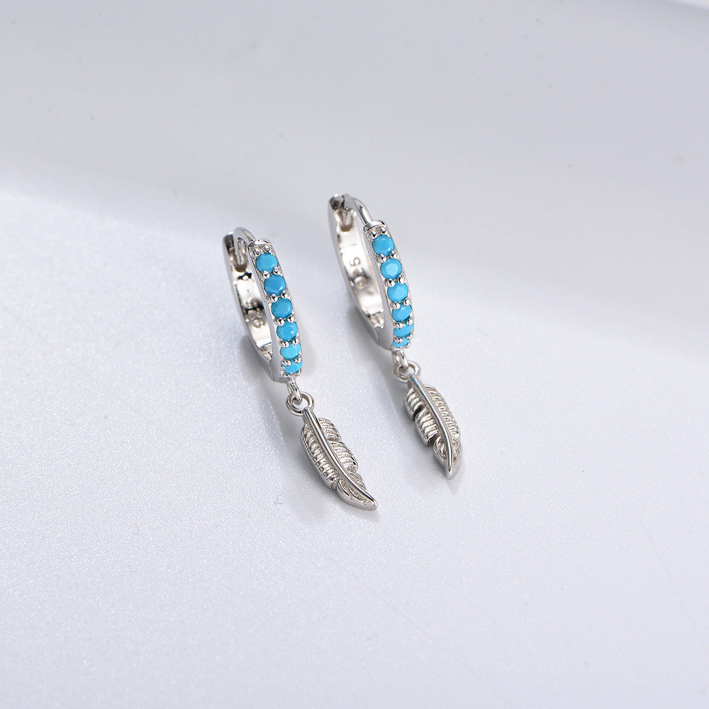 S925 Sterling Silver Turquoise Feather Ear Buckle Earrings High-End Earrings
