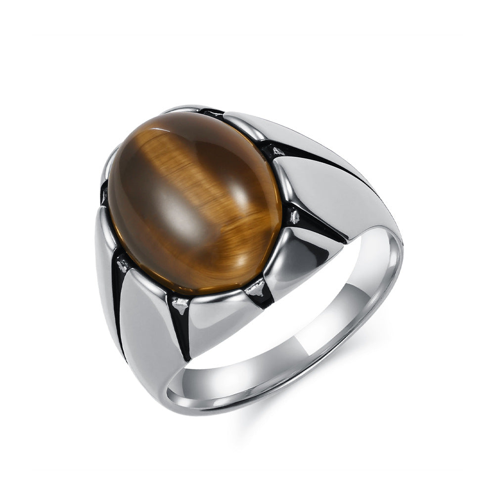 Planderful Everyday Genie Men's Tiger's Eye Stainless Steel Ring Oval Egg Shaped Black Gemstone For Men