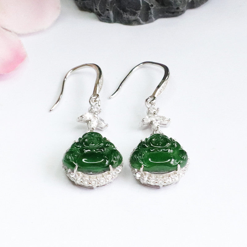 Icy Green Jadeite Buddha 925 Silver Hook Earrings