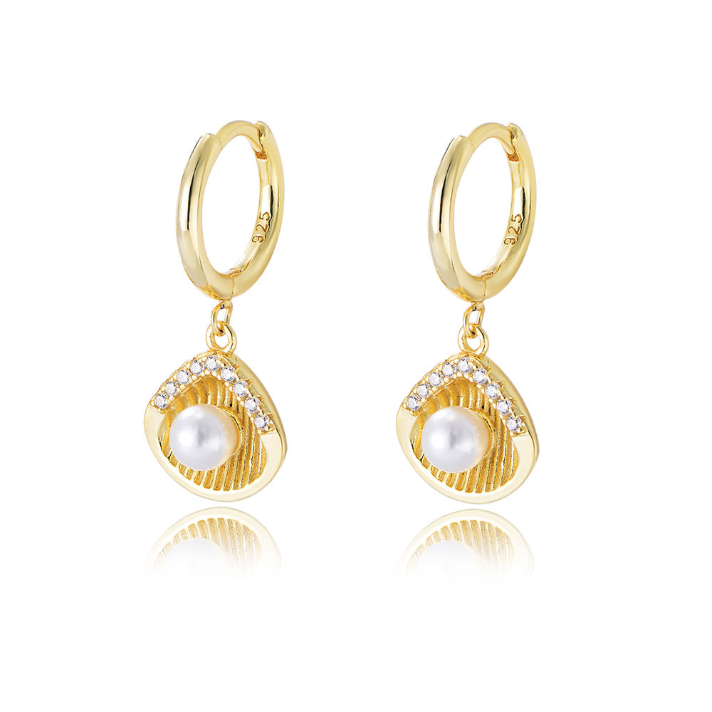 S925 Sterling Silver Shell Shape Pearl Earrings Zircon Earrings