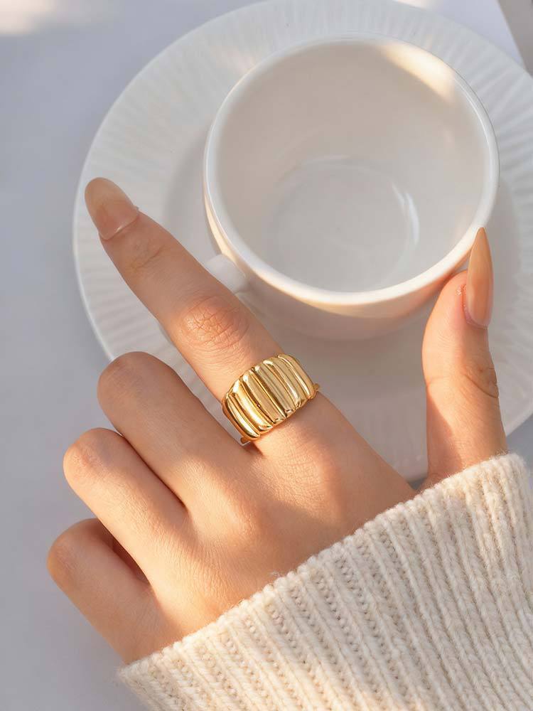 Stainless Steel Lines Folded Rhombus Geometric Irregular Opening Ring