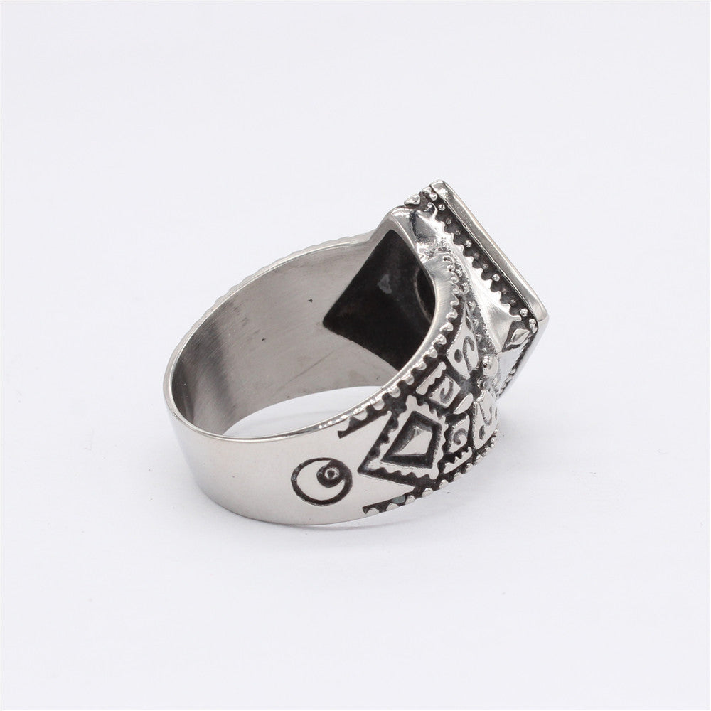 Planderful Titanium Steel Ring Black Stone Retro Rhombus Domineering Design Unisex Protection for Men Women