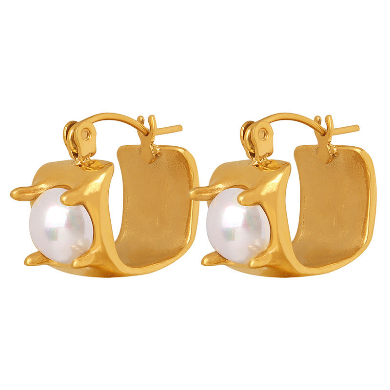 Luxe French Pearl U-Shaped Earrings and Square Ring Studs Set for Women