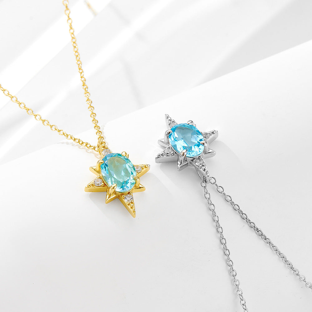 S925 Sterling Silver Octagram Pendant Sky Blue Natural Topaz Necklace