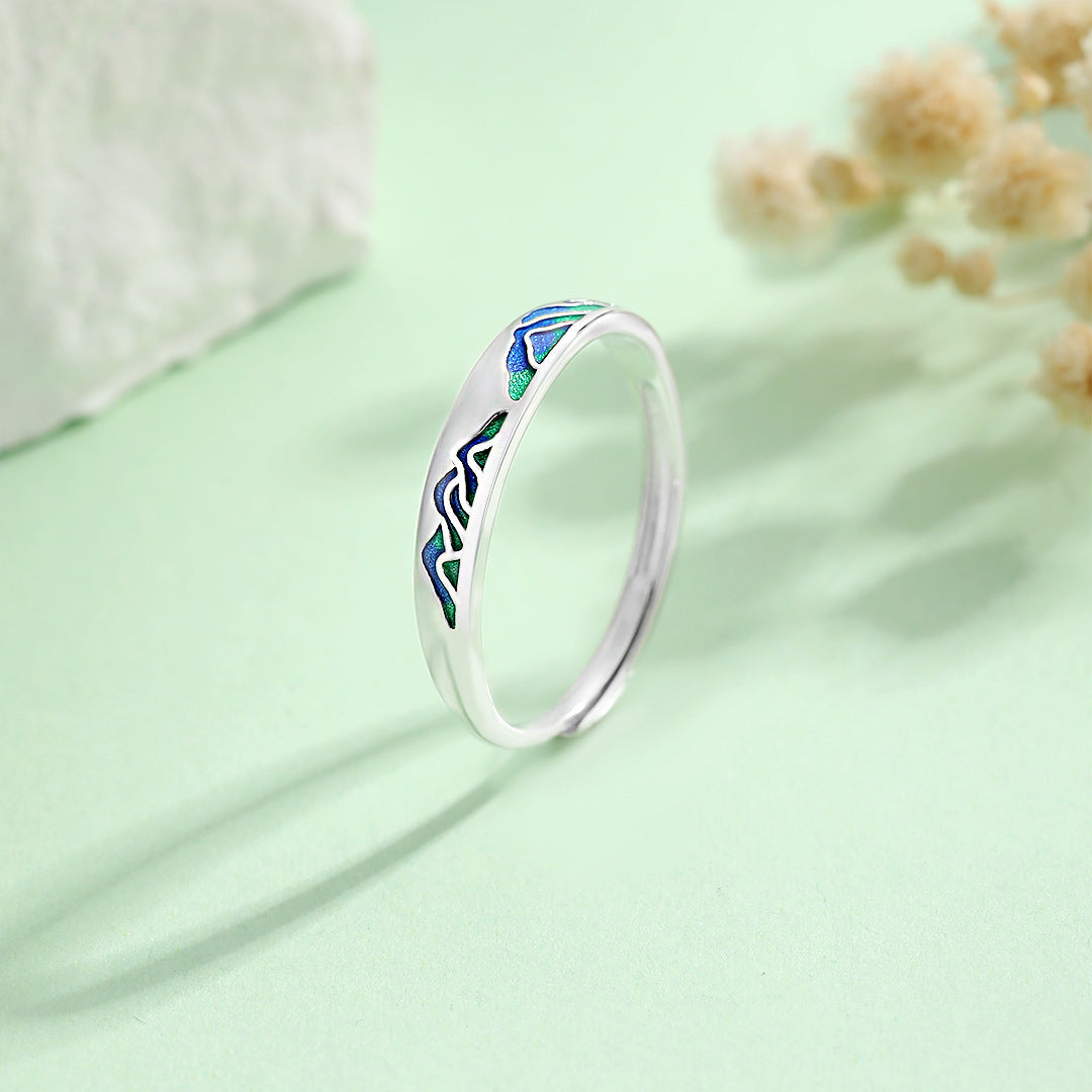 Planderful S925 Sterling Silver Ring For Women Adjustable Retro National Style Light Luxury Green Mountain Theme
