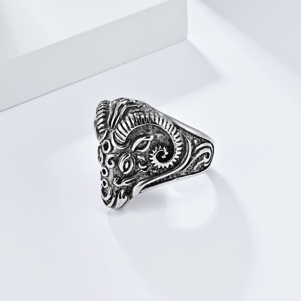 Cross-Border Retro Goat Head Titanium Steel Ring for Men