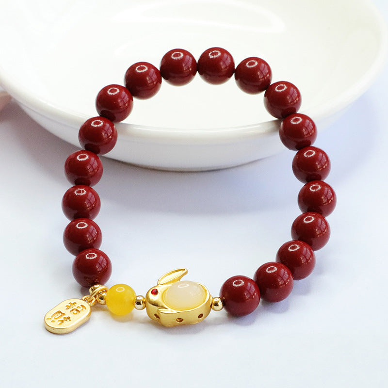 Purple Gold Sand Rabbit Blessing Sterling Silver Cinnabar Stone Bracelet