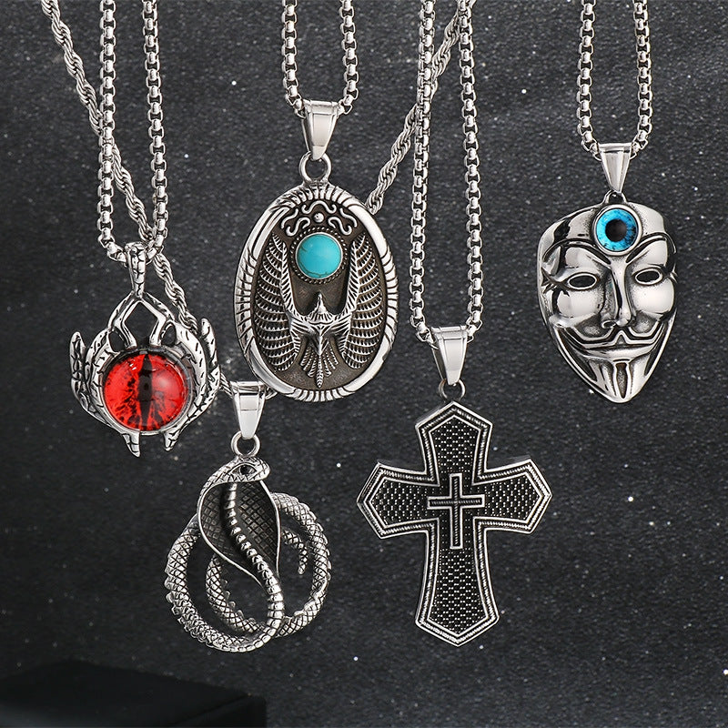 Retro Turquoise Flying Eagle Pendant, Trend Pendant, Devil'S Eye Mask, Cross Man Necklace