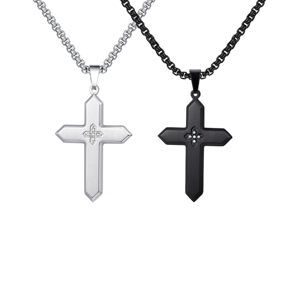Unisex Classic Stainless Steel Inlaid Zircon Sand Surface Cross Pendant Square Pearl