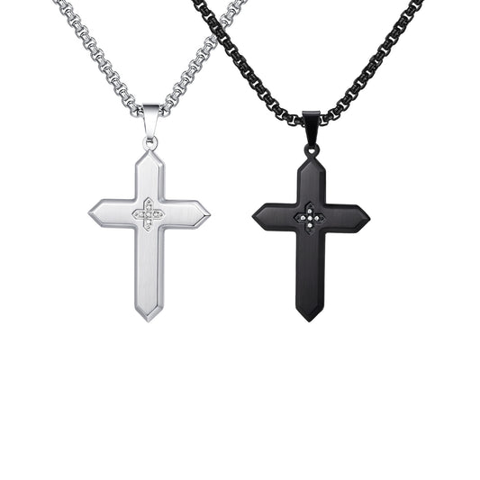 Unisex Classic Stainless Steel Inlaid Zircon Sand Surface Cross Pendant Square Pearl