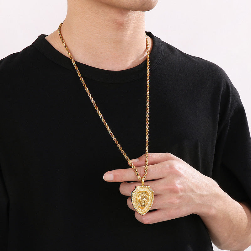Retro Classic Hip-Hop Lion Head Shield Pendant with Zircon-Encrusted Wolf Head in Stainless Steel for Men
