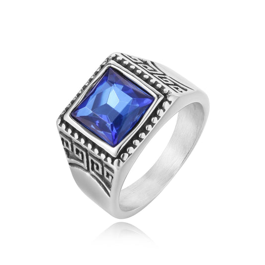 Planderful Titanium Steel Ring With Great Wall Pattern Zircon Unisex Bold Retro European American Style Gift