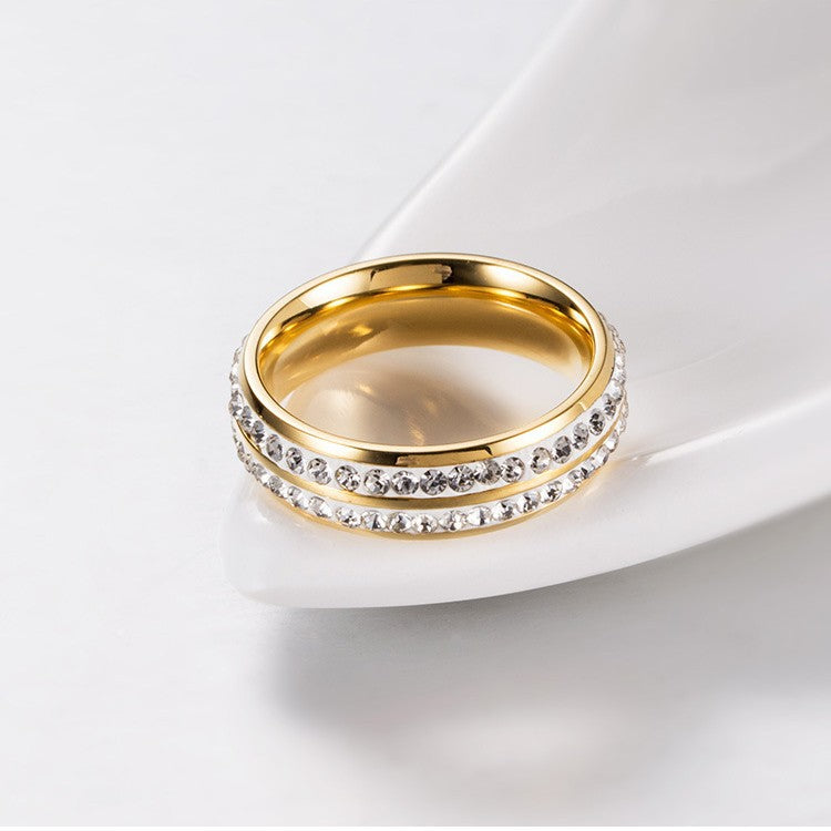 Titanium Steel Double Row Zircon Ring for Women Korean Style