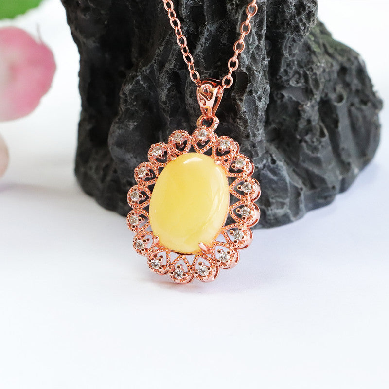 Golden Halcyon Beeswax Amber Pendant Halo Necklace