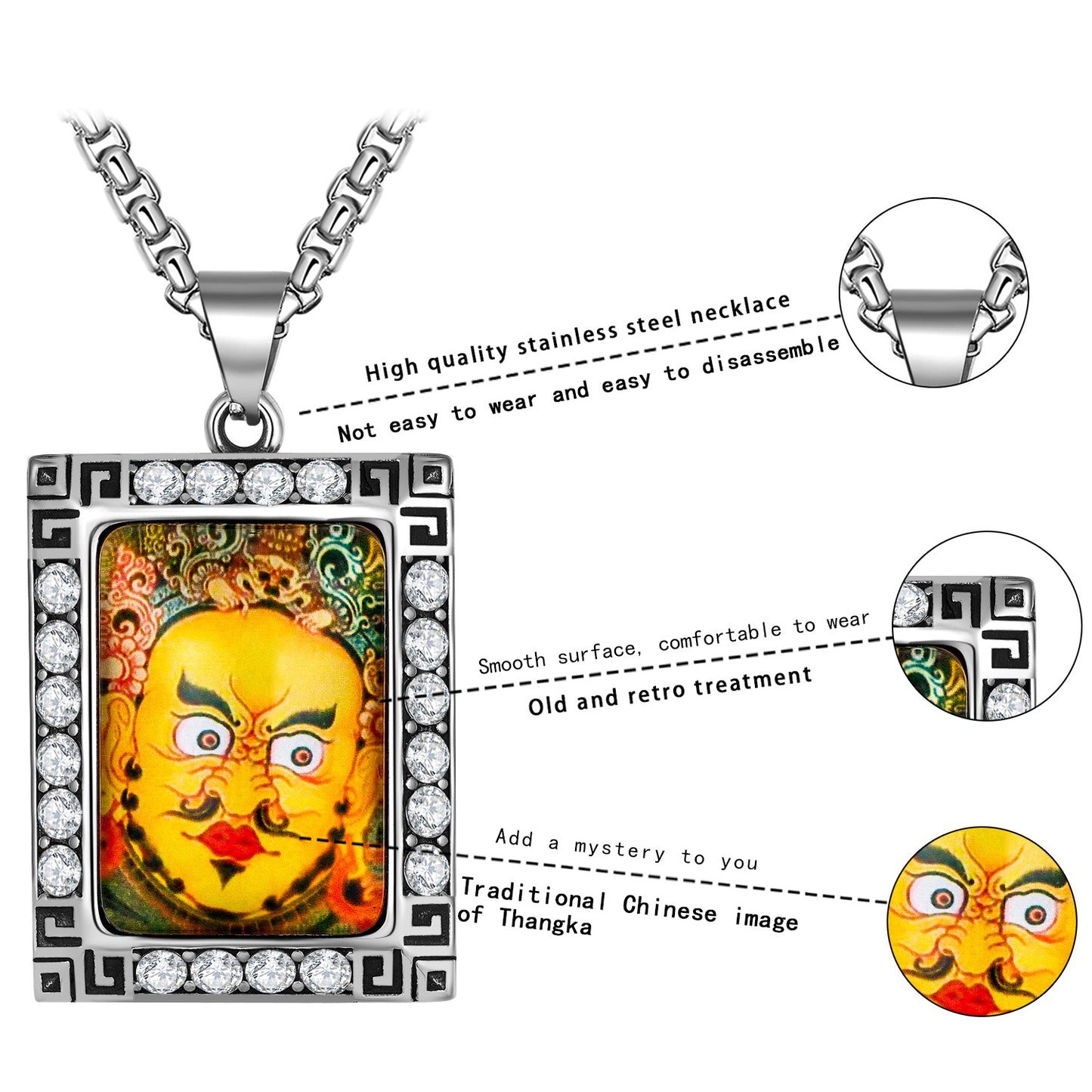 Steel Necklace - Vintage Tibetan Thangka Pendant
