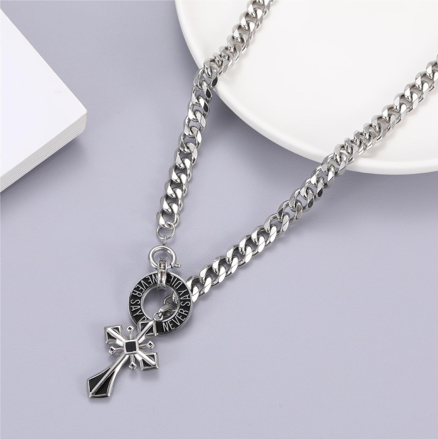 Planderful Jewelry Titanium Cross Necklace Men Cuban Link