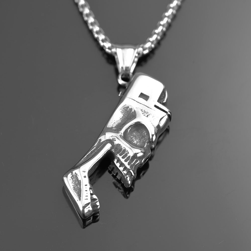 Vintage Stainless Steel Men's Pendant Personalized Punk Skull Lighter Necklace