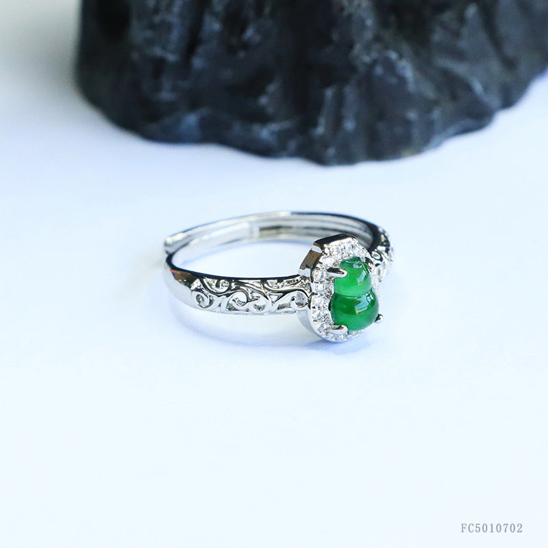 Green Jadeite Gourd Ruyi Openwork Ring