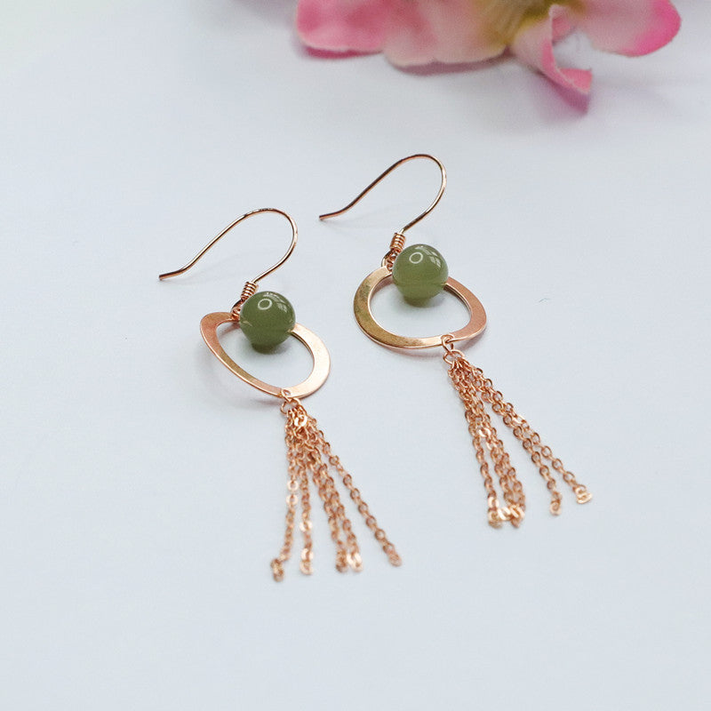 Circular Hollow Tassel Earrings with Sterling Silver and Jade Accents