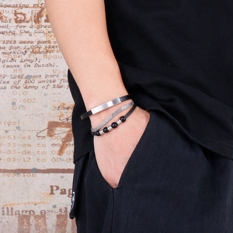 Planderful Mens Stainless Steel Leather Rope Bracelet Bold