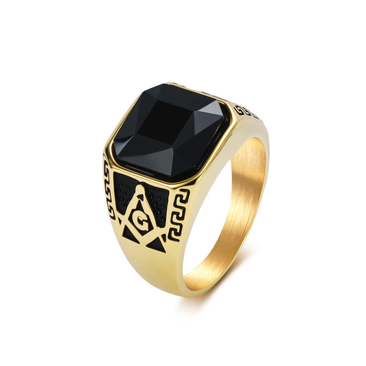 Classic Masonic Black Gemstone Ring Men's Fraternity Stainless Steel Index