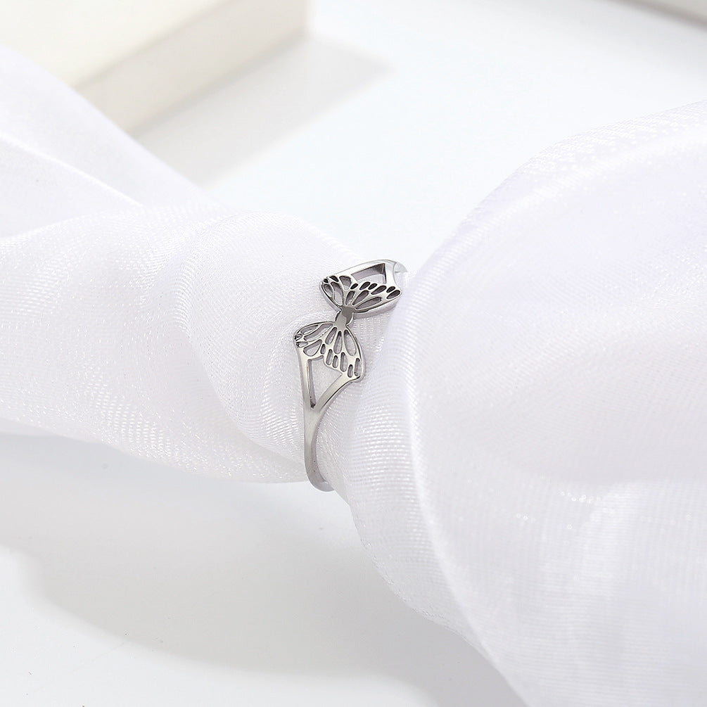 Mori Korean Titanium Steel Hollow Butterfly Ring Wholesale