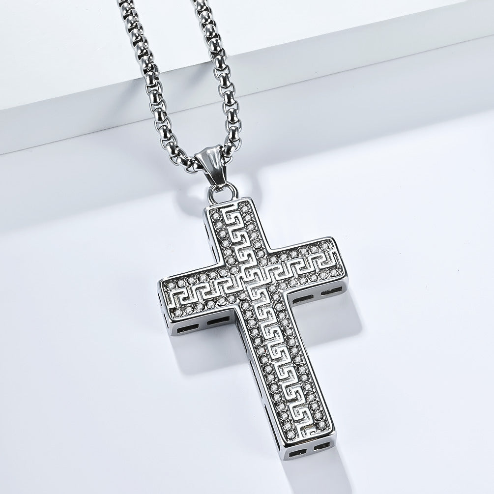 Planderful Cross Necklace For Men With Full Zircon European American Great Wall Pattern Hip Hop Pendant