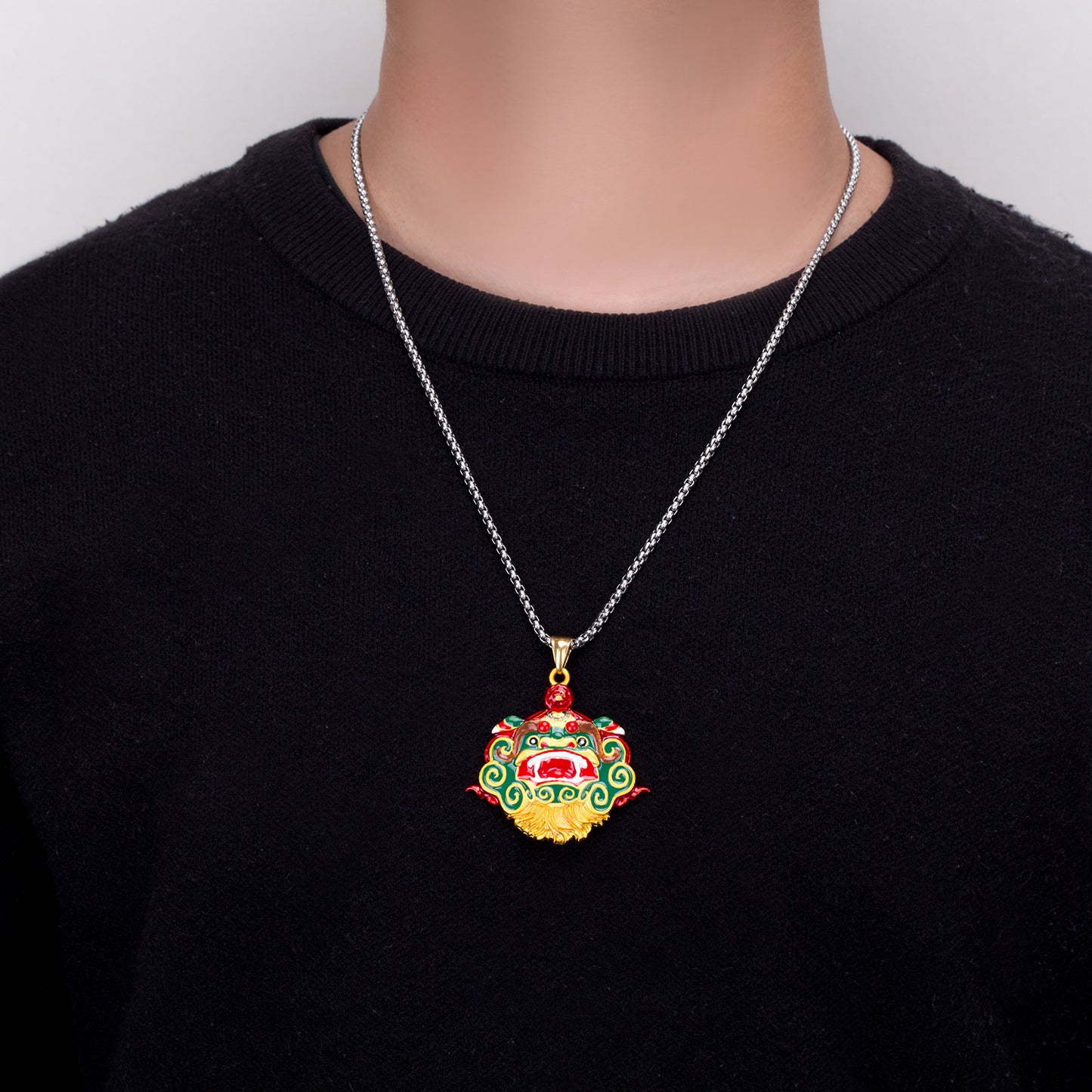 Steel Necklace – Statement Chinese Lion Dance Pendant