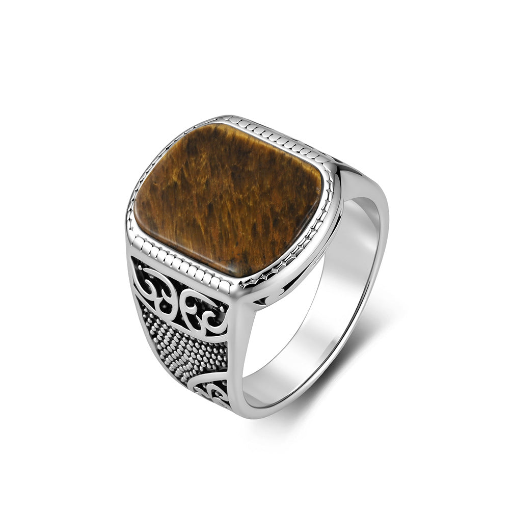 Tiger Turquoise Textured Vintage Stainless Steel Ring for Men