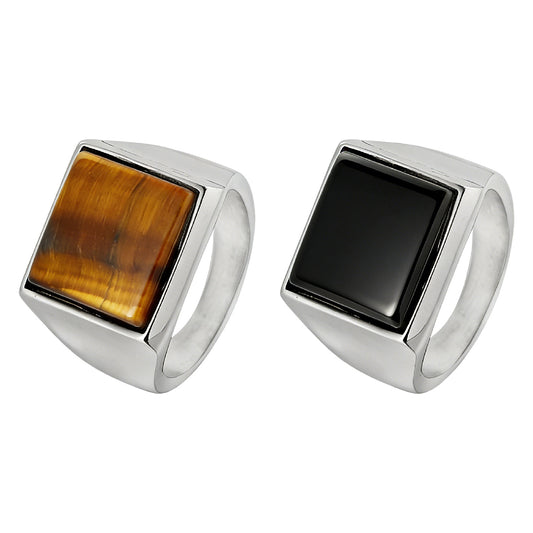 Planderful Mens Titanium Steel Square Stone Ring Unisex Stylish Everyday Genie Protection Statement