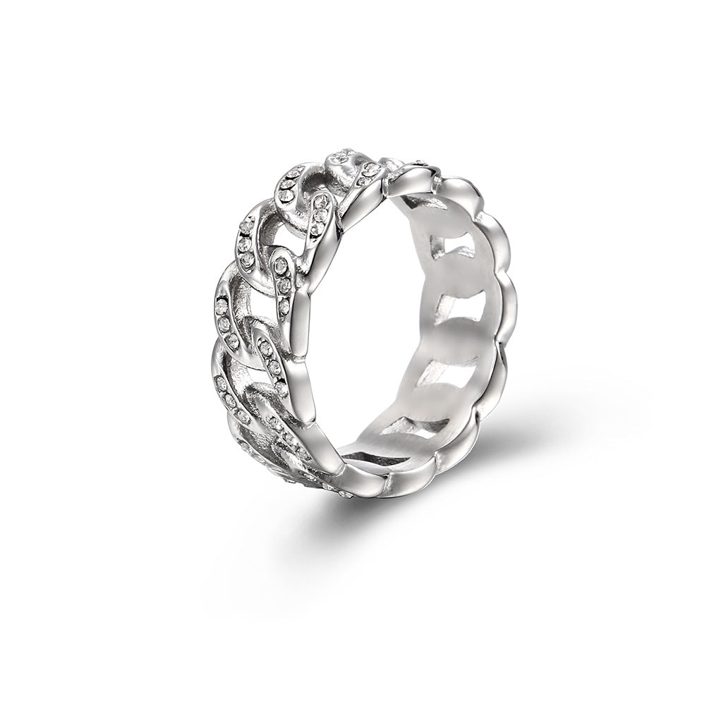 Planderful Titanium Cuban Chain Ring With Zircon Inlay For Hip Hop Style Men Unisex Luxury Jewelry